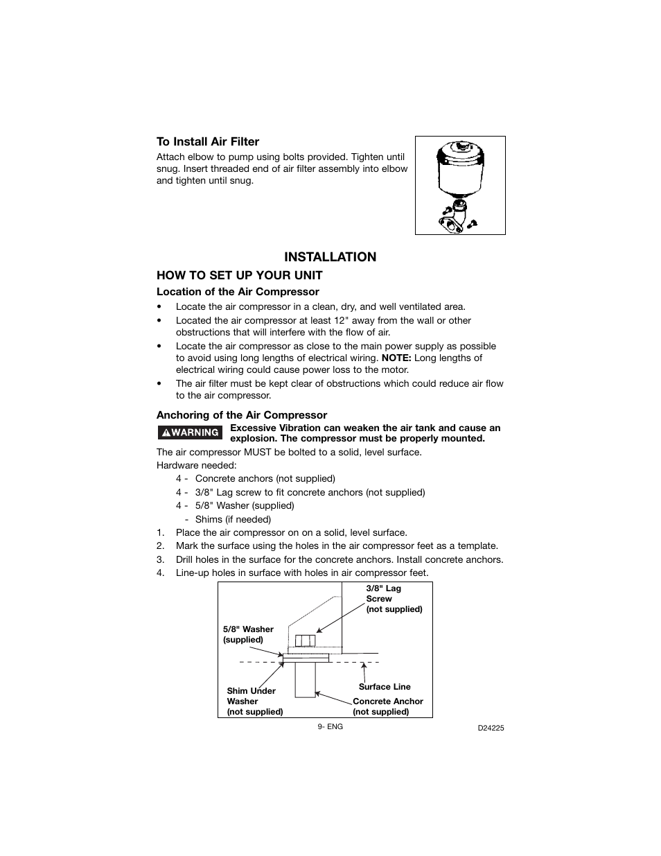 Installation | Porter-Cable Oil Lube Two Stage D24225-049-2 User Manual | Page 9 / 80