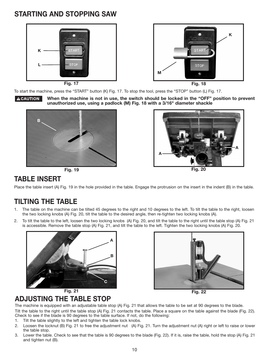 Table insert, Tilting the table, Adjusting the table stop | Starting and stopping saw | Porter-Cable 28-306 User Manual | Page 10 / 20