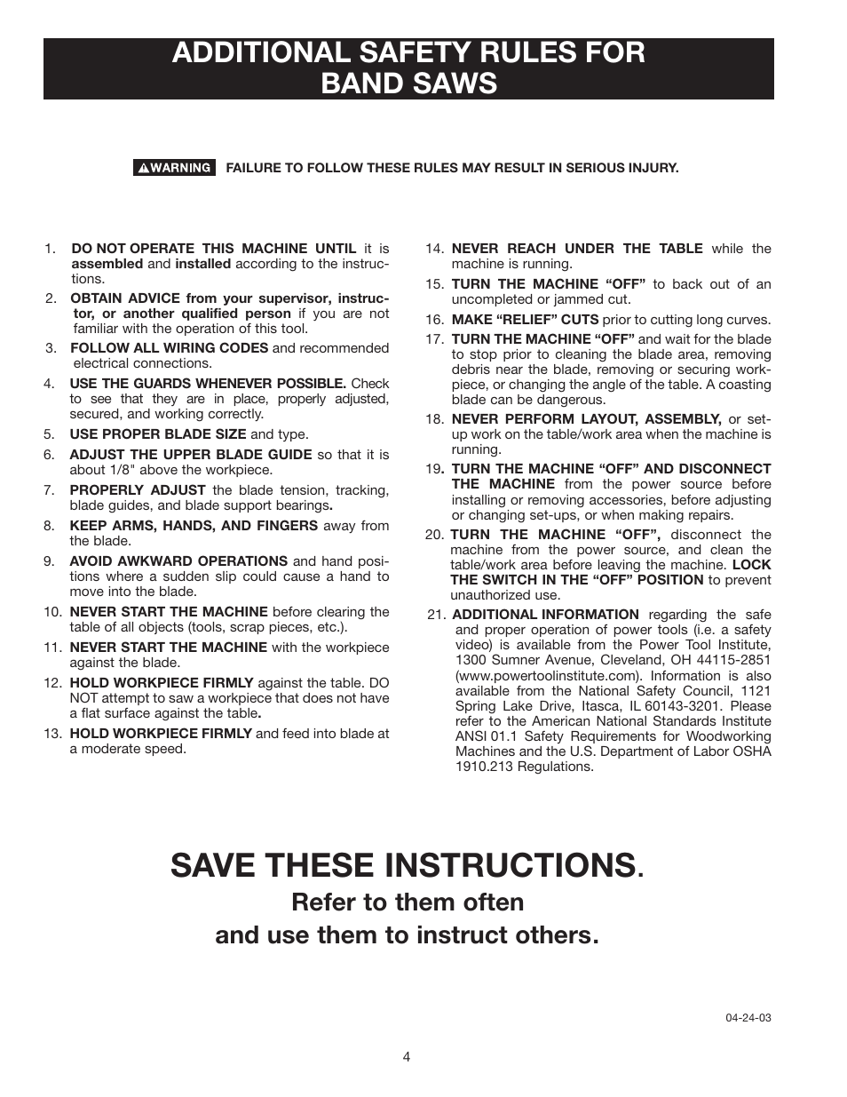 Save these instructions, Additional safety rules for band saws | Porter-Cable 28-306 User Manual | Page 4 / 20