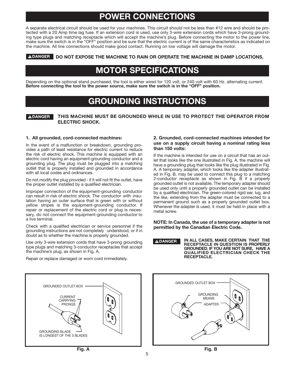 Power connections motor specifications, Grounding instructions | Porter-Cable 28-306 User Manual | Page 5 / 20