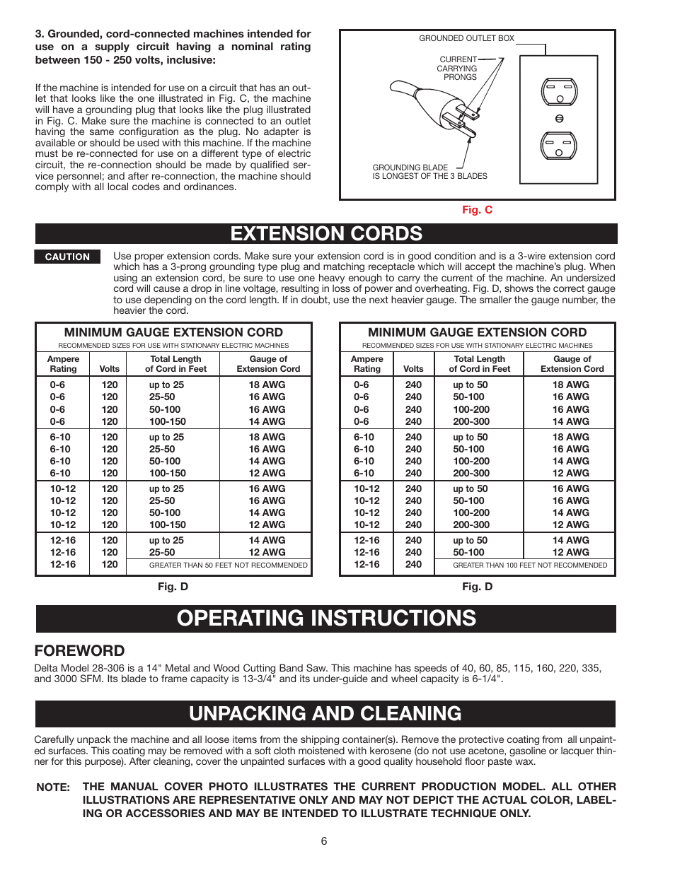 Operating instructions, Extension cords, Unpacking and cleaning | Foreword | Porter-Cable 28-306 User Manual | Page 6 / 20