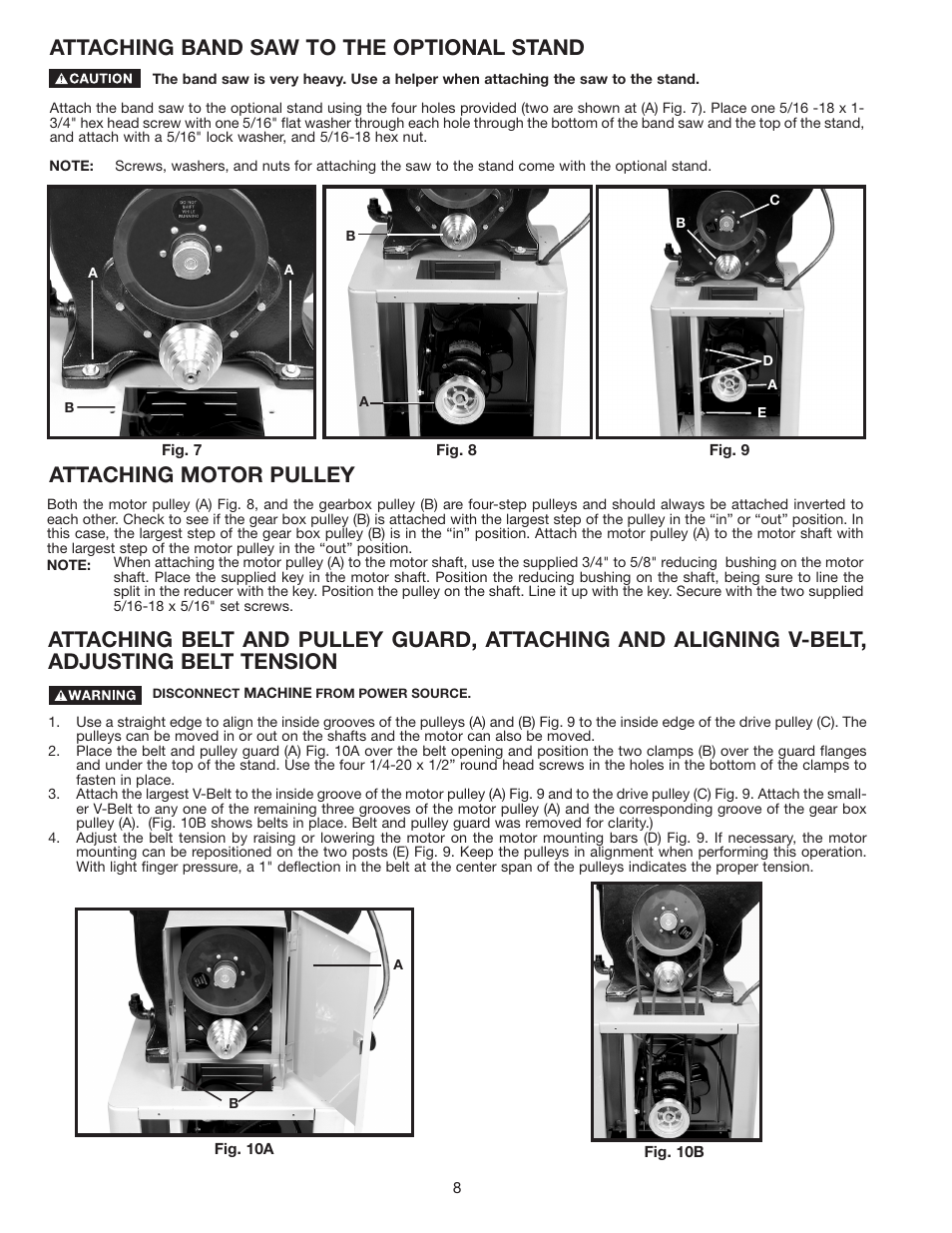 Attaching motor pulley, Attaching band saw to the optional stand | Porter-Cable 28-306 User Manual | Page 8 / 20