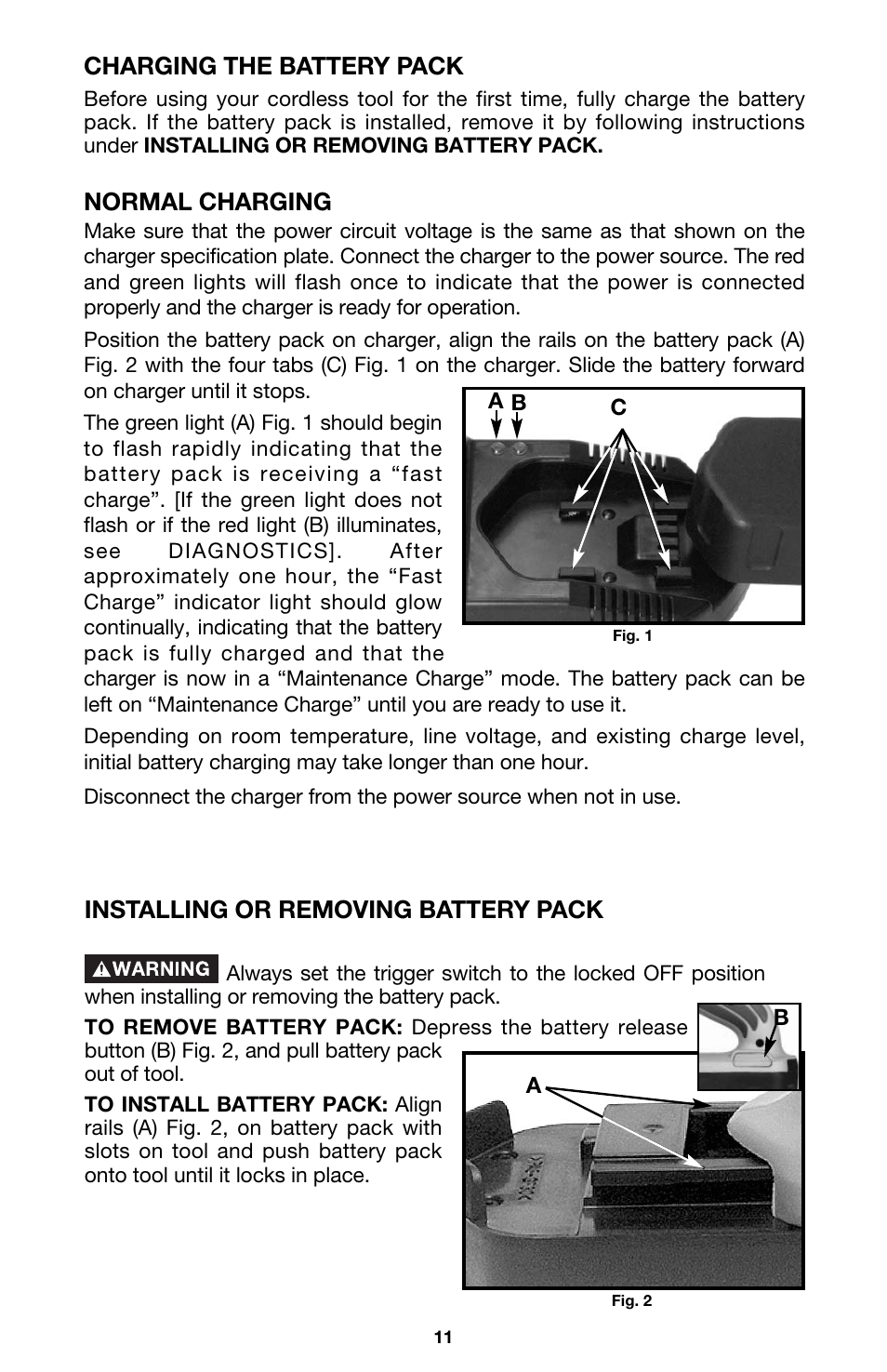 Charging the battery pack, Normal charging, Installing or removing battery pack | Porter-Cable 844 User Manual | Page 11 / 23