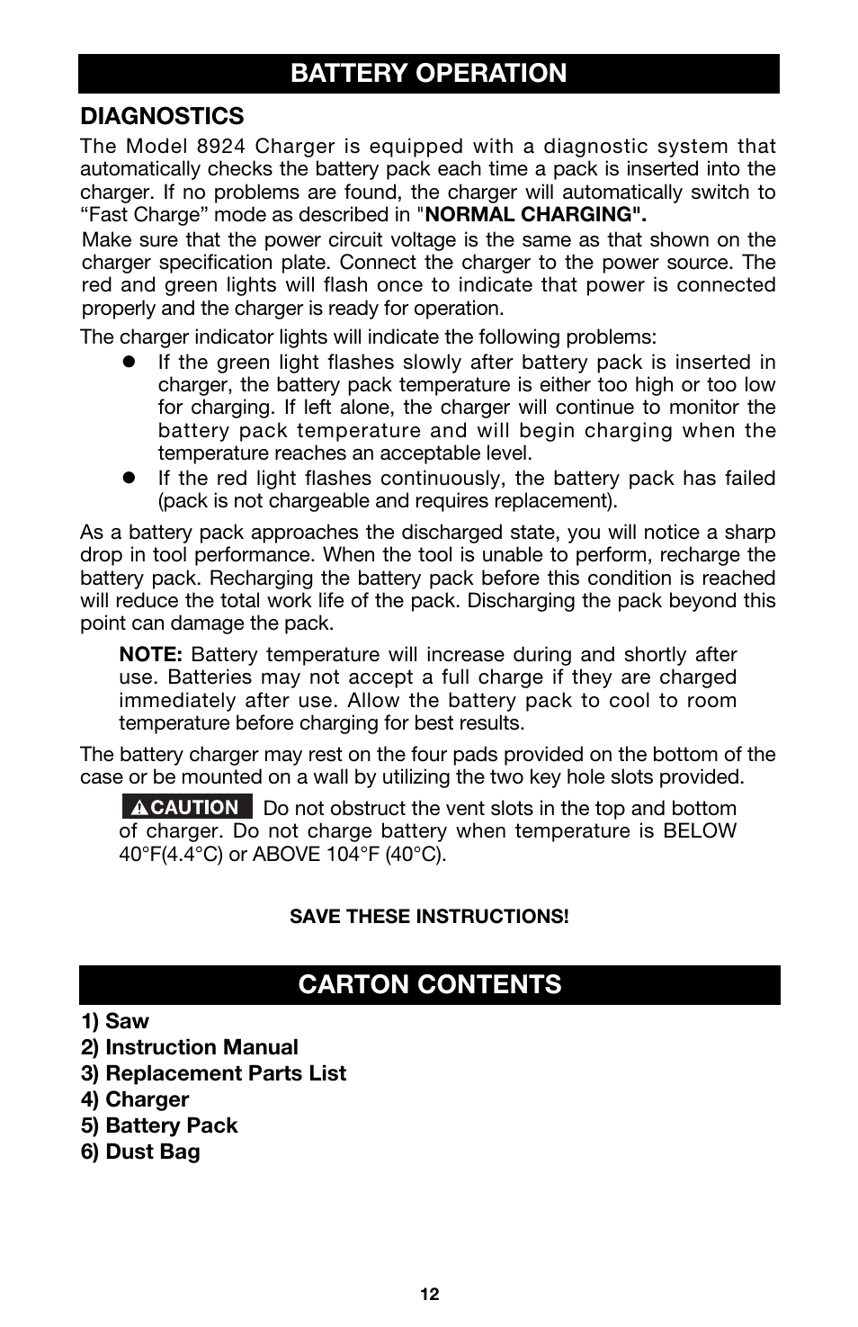 Battery operation, Carton contents | Porter-Cable 844 User Manual | Page 12 / 23