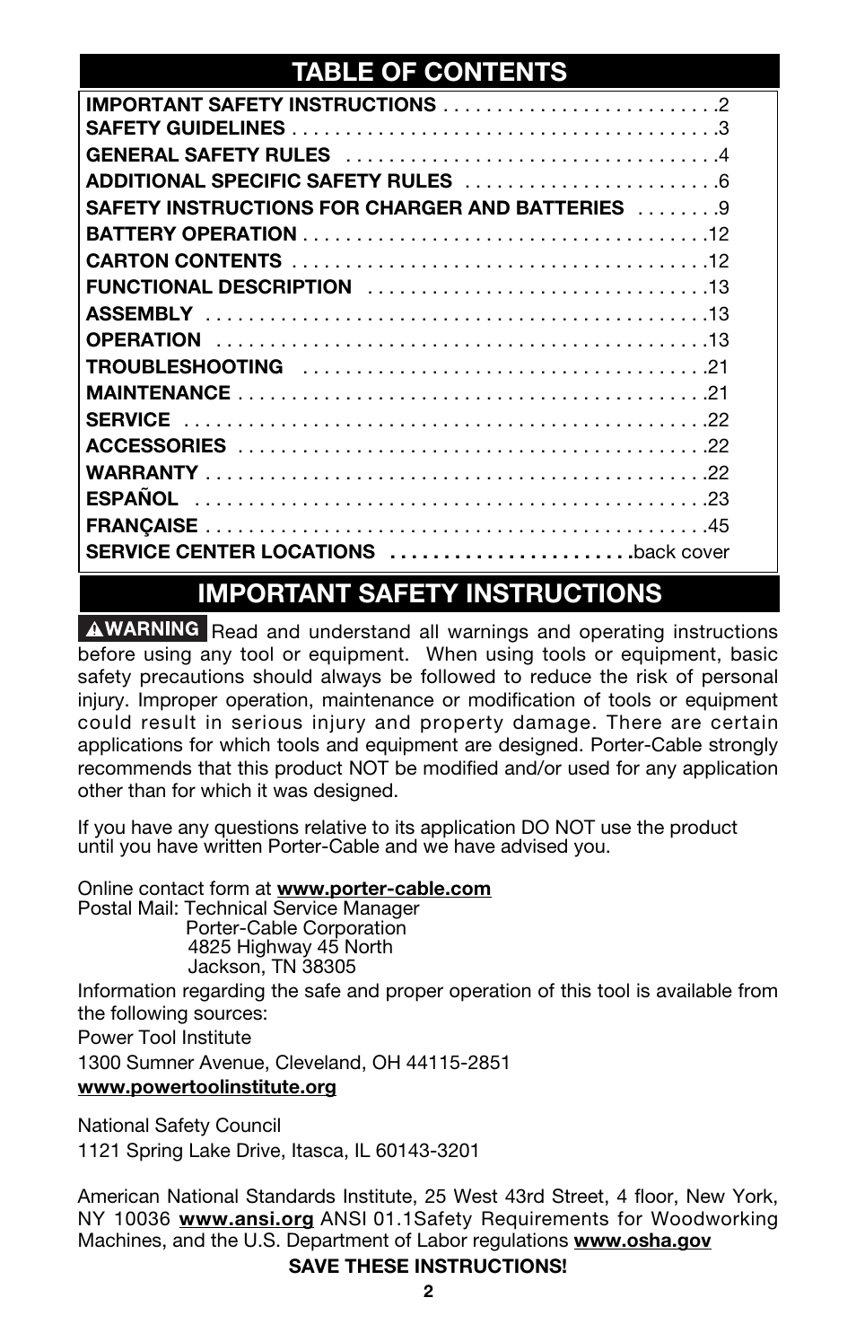 Table of contents important safety instructions | Porter-Cable 844 User Manual | Page 2 / 23