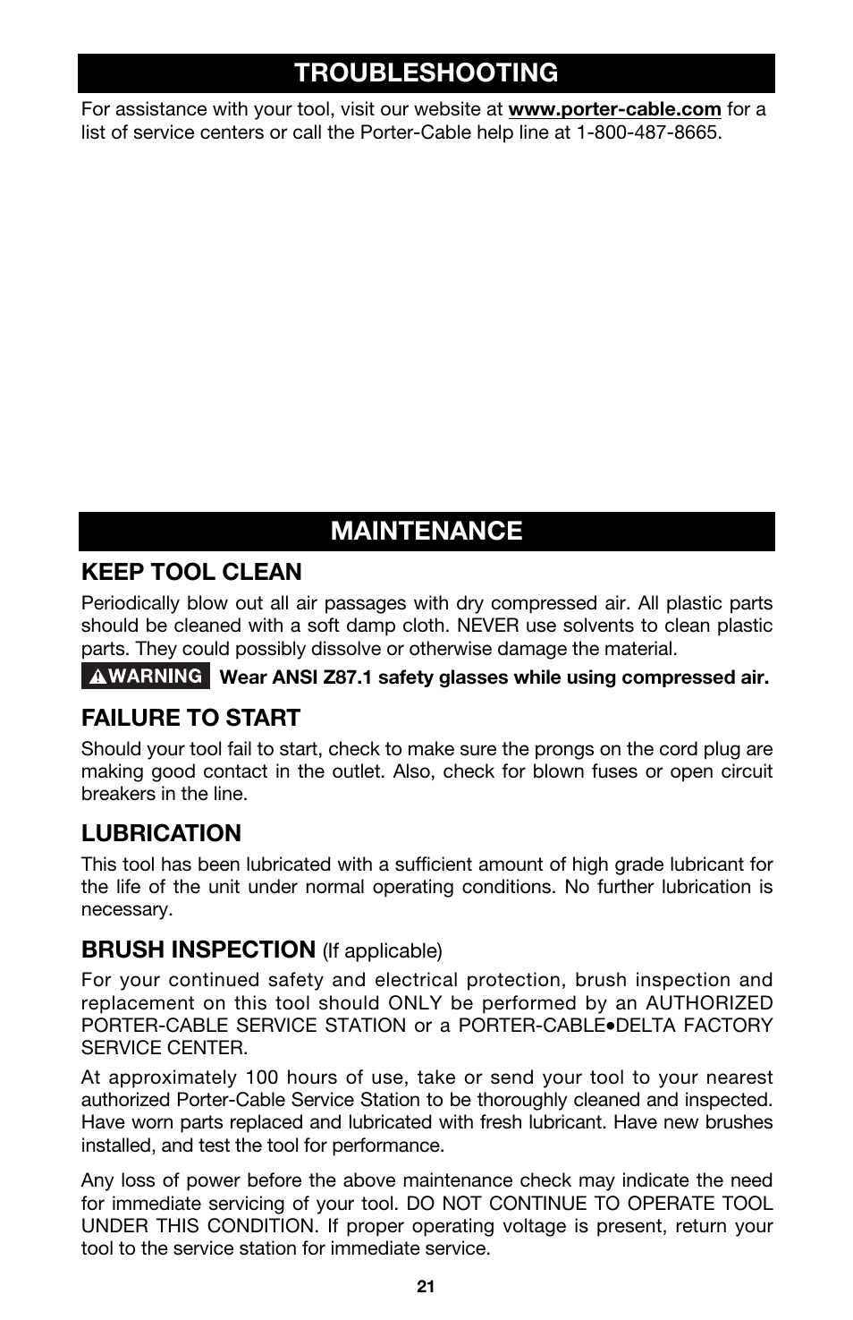 Maintenance, Troubleshooting | Porter-Cable 844 User Manual | Page 21 / 23