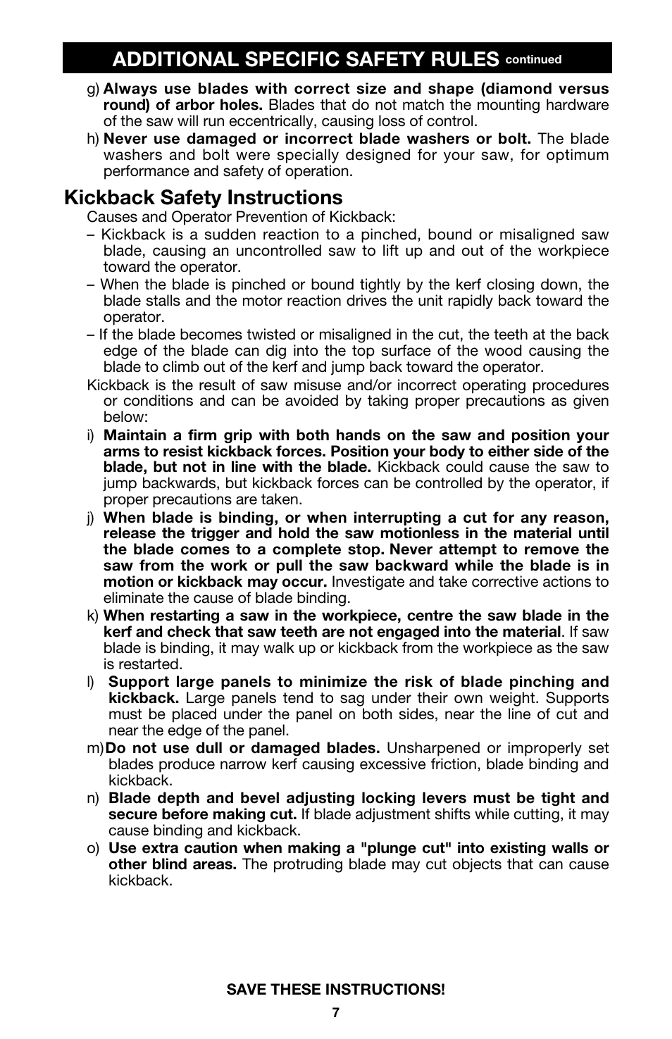 Additional specific safety rules, Kickback safety instructions | Porter-Cable 844 User Manual | Page 7 / 23