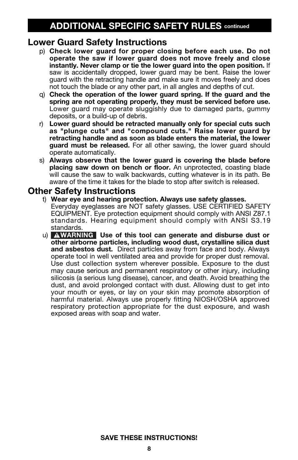 Lower guard safety instructions, Other safety instructions, Additional specific safety rules | Porter-Cable 844 User Manual | Page 8 / 23