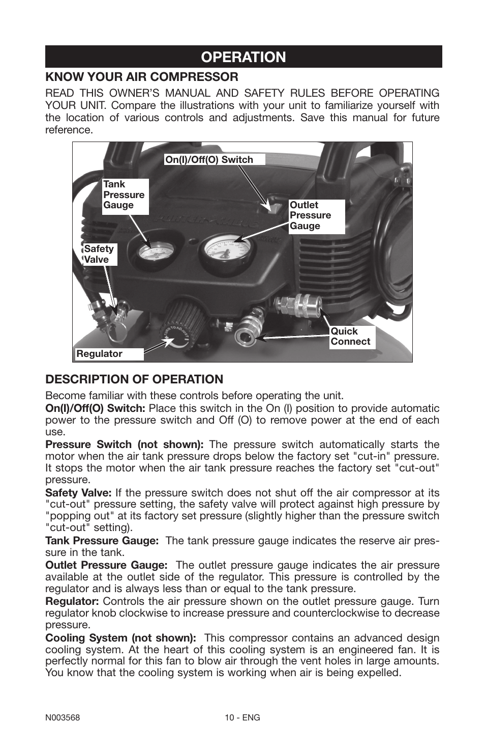 Operation, Know your air compressor, Description of operation | Porter-Cable N003568 User Manual | Page 10 / 64