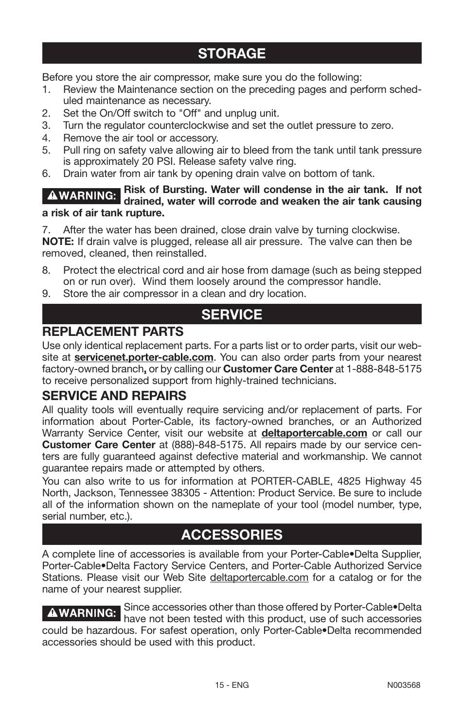 Storage, Service, Accessories | Replacement parts, Service and repairs | Porter-Cable N003568 User Manual | Page 15 / 64