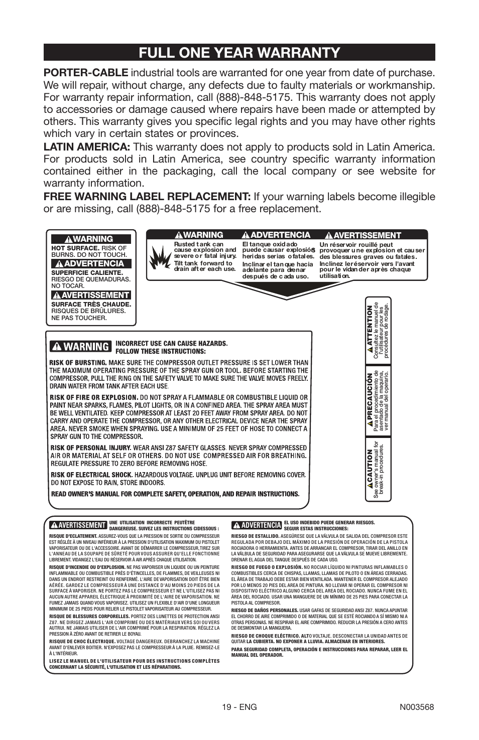 Full one year warranty | Porter-Cable N003568 User Manual | Page 19 / 64