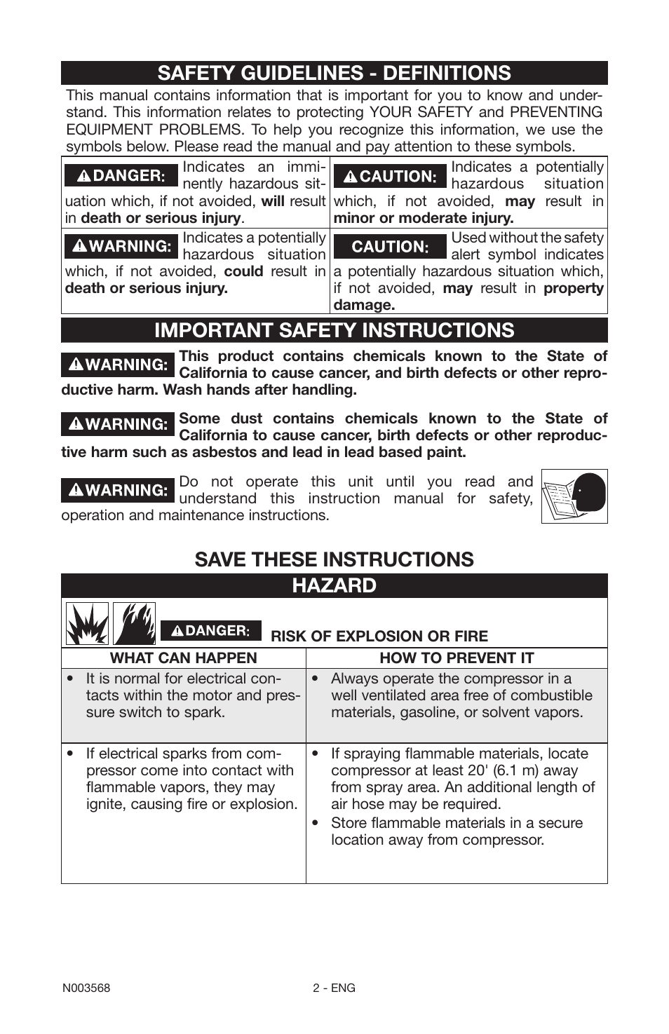 Safety guidelines - definitions, Important safety instructions, Save these instructions hazard | Porter-Cable N003568 User Manual | Page 2 / 64