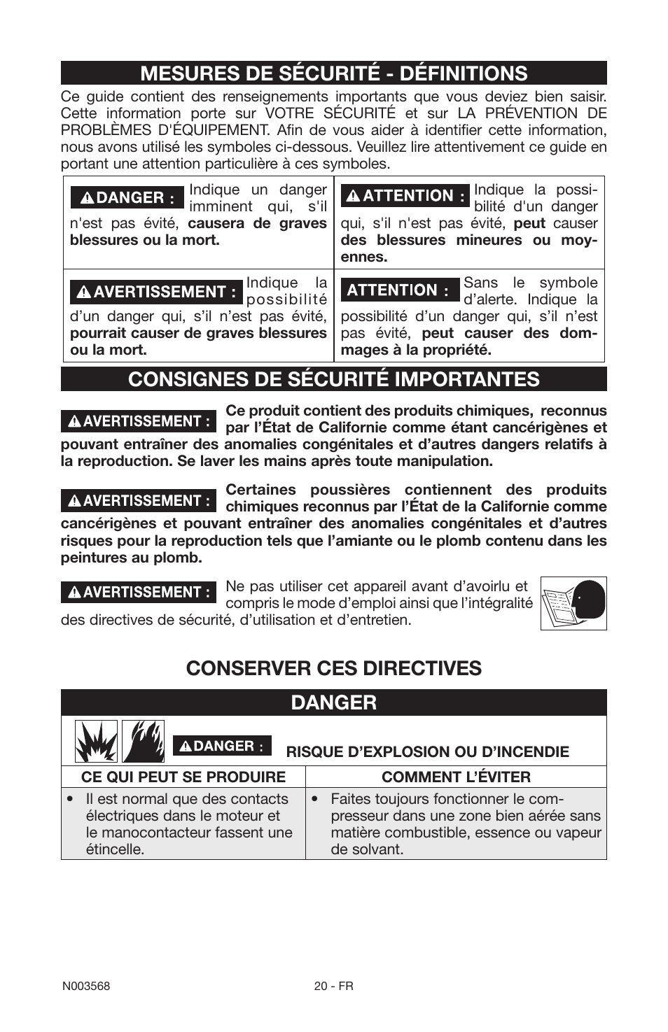 Mesures de sécurité - définitions, Consignes de sécurité importantes, Conserver ces directives danger | Porter-Cable N003568 User Manual | Page 20 / 64