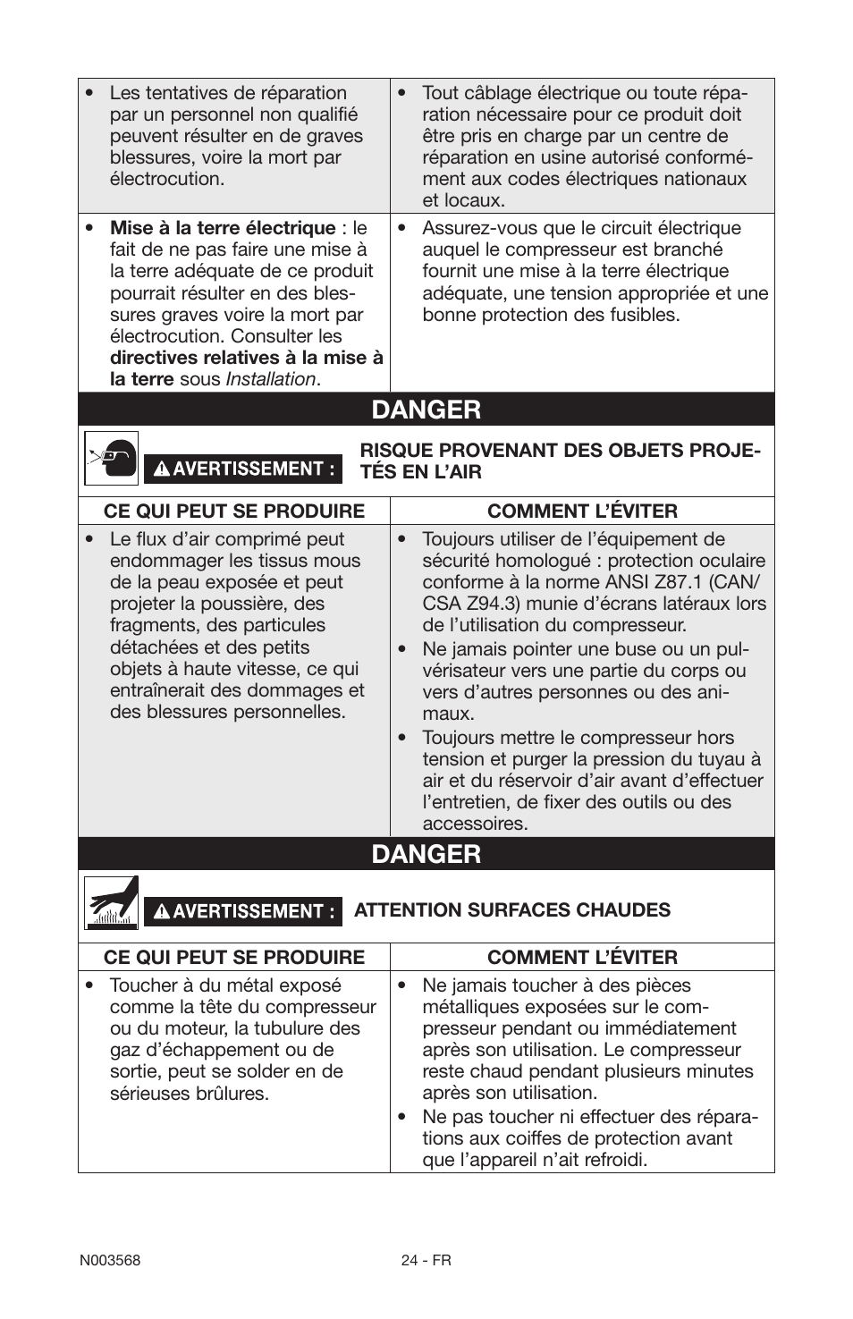 Danger | Porter-Cable N003568 User Manual | Page 24 / 64