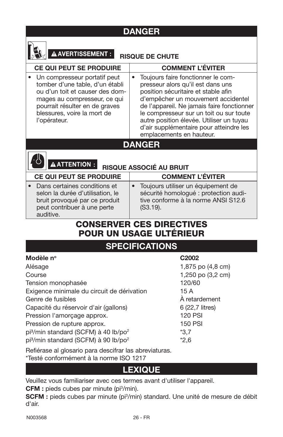 Danger, Lexique | Porter-Cable N003568 User Manual | Page 26 / 64