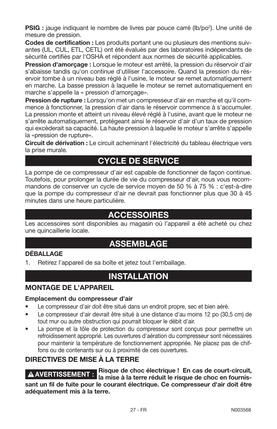 Cycle de service, Accessoires, Assemblage | Installation | Porter-Cable N003568 User Manual | Page 27 / 64