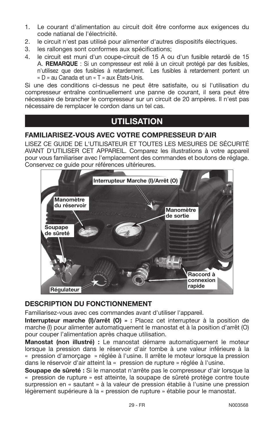 Utilisation, Familiarisez-vous avec votre compresseur d'air, Description du fonctionnement | Porter-Cable N003568 User Manual | Page 29 / 64