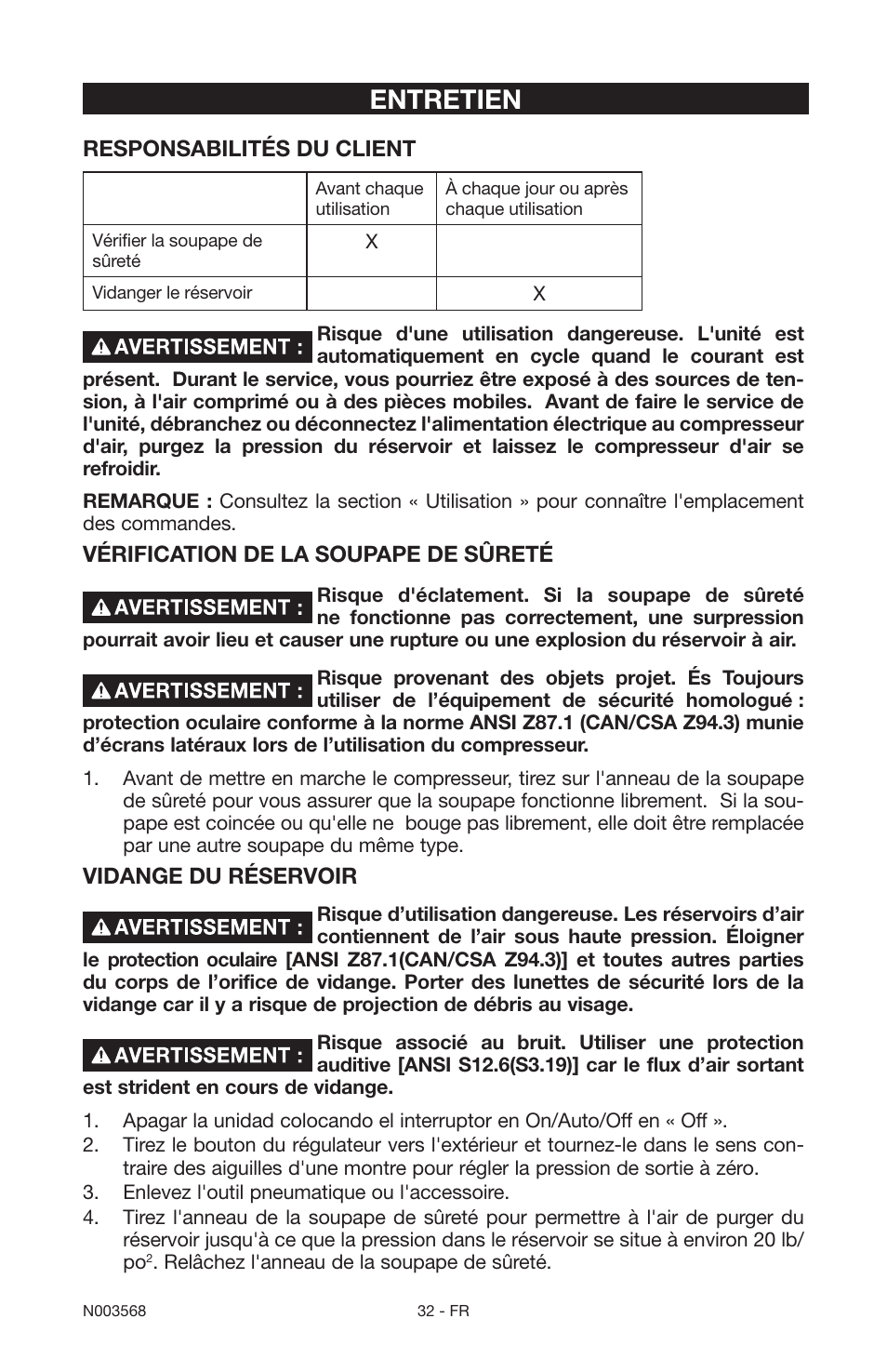 Entretien | Porter-Cable N003568 User Manual | Page 32 / 64