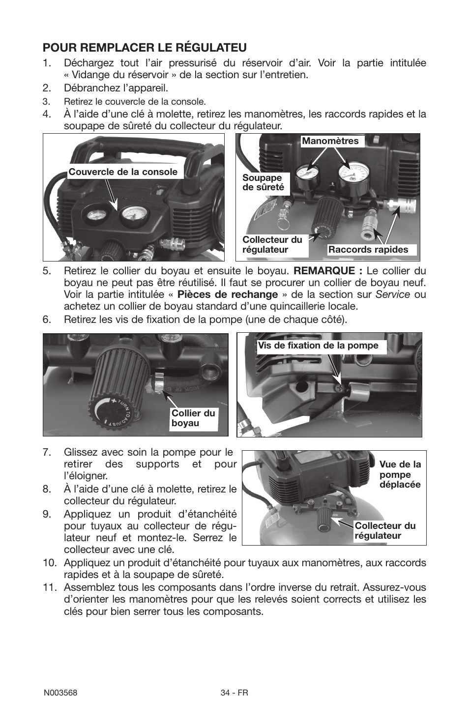 Pour remplacer le régulateu | Porter-Cable N003568 User Manual | Page 34 / 64