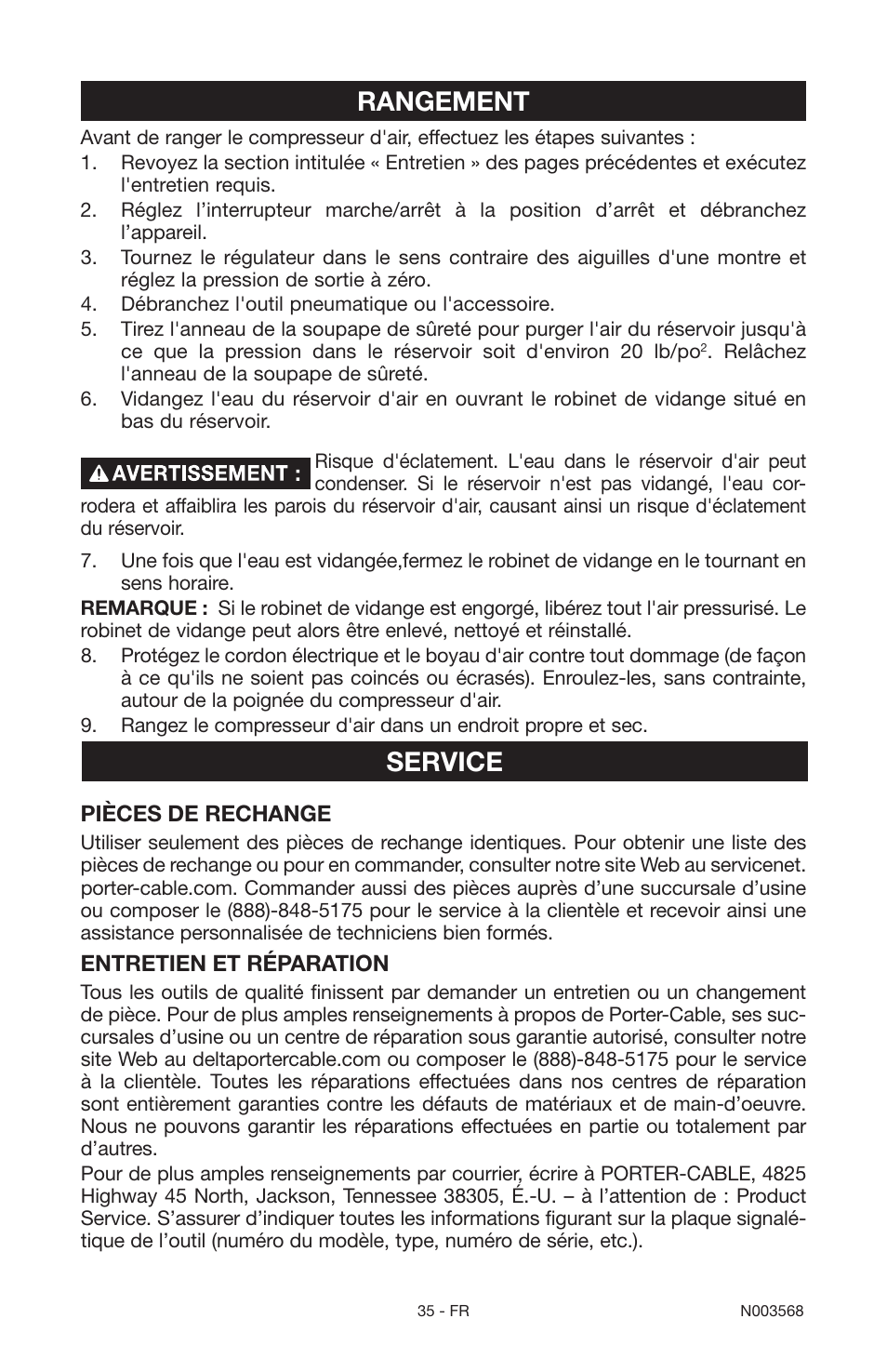 Rangement, Service | Porter-Cable N003568 User Manual | Page 35 / 64