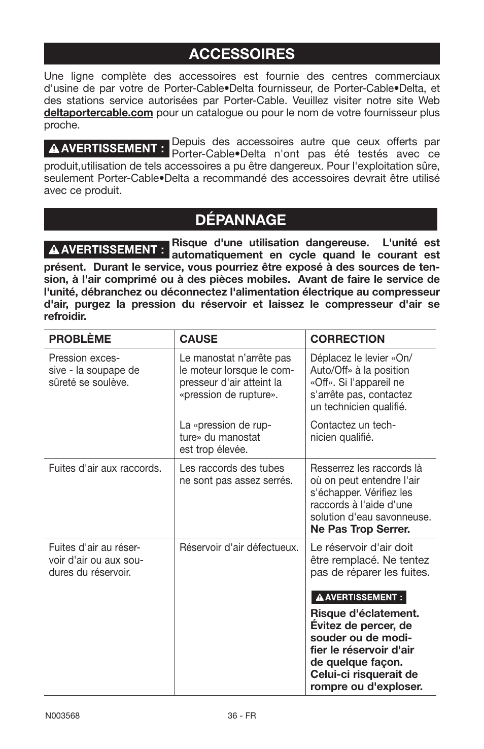 Accessoires, Dépannage | Porter-Cable N003568 User Manual | Page 36 / 64