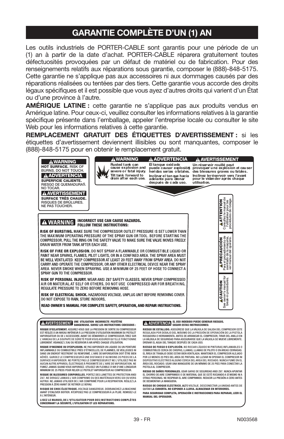 Garantie complète d’un (1) an | Porter-Cable N003568 User Manual | Page 39 / 64