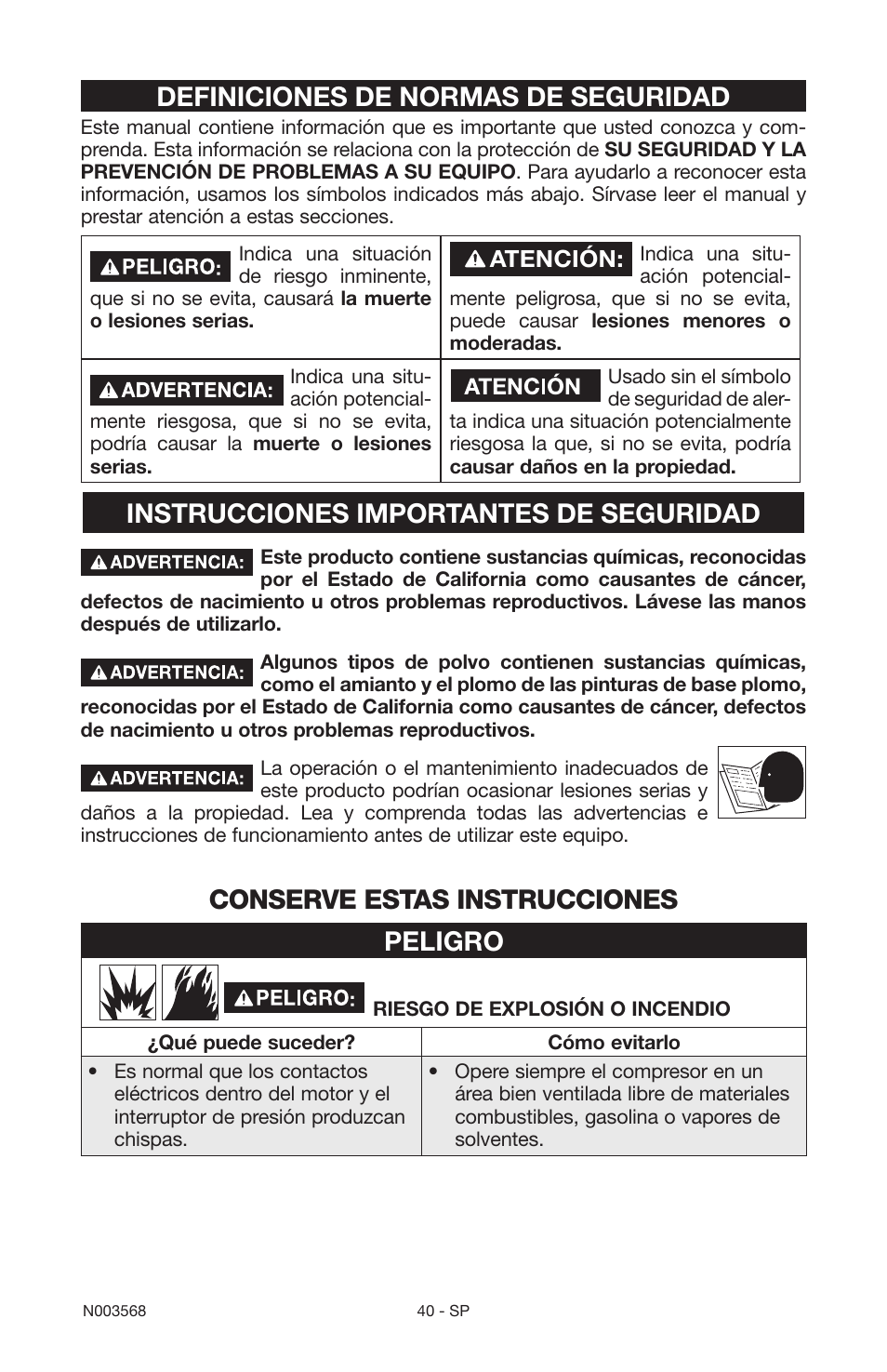 Definiciones de normas de seguridad, Instrucciones importantes de seguridad, Conserve estas instrucciones peligro | Atención | Porter-Cable N003568 User Manual | Page 40 / 64