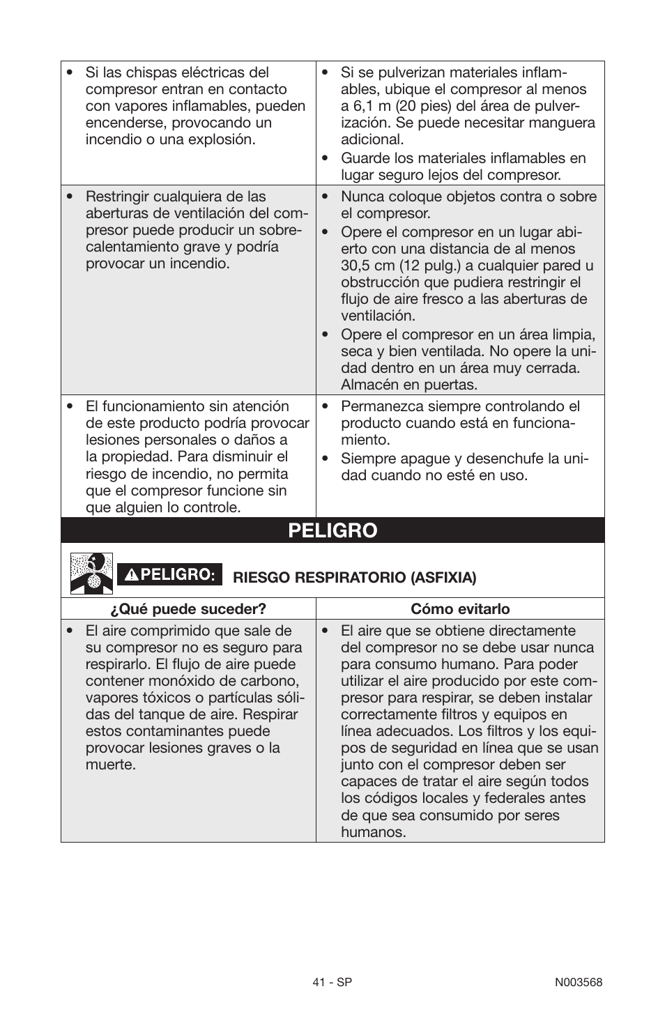 Peligro | Porter-Cable N003568 User Manual | Page 41 / 64