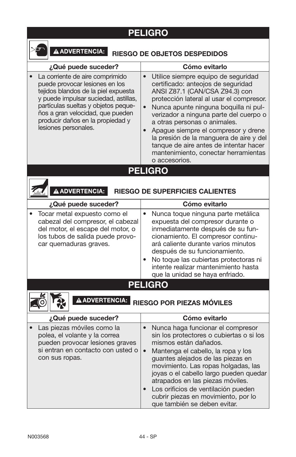 Peligro | Porter-Cable N003568 User Manual | Page 44 / 64