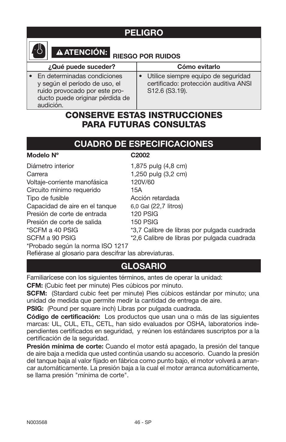 Peligro, Cuadro de especificaciones, Glosario | Atención | Porter-Cable N003568 User Manual | Page 46 / 64