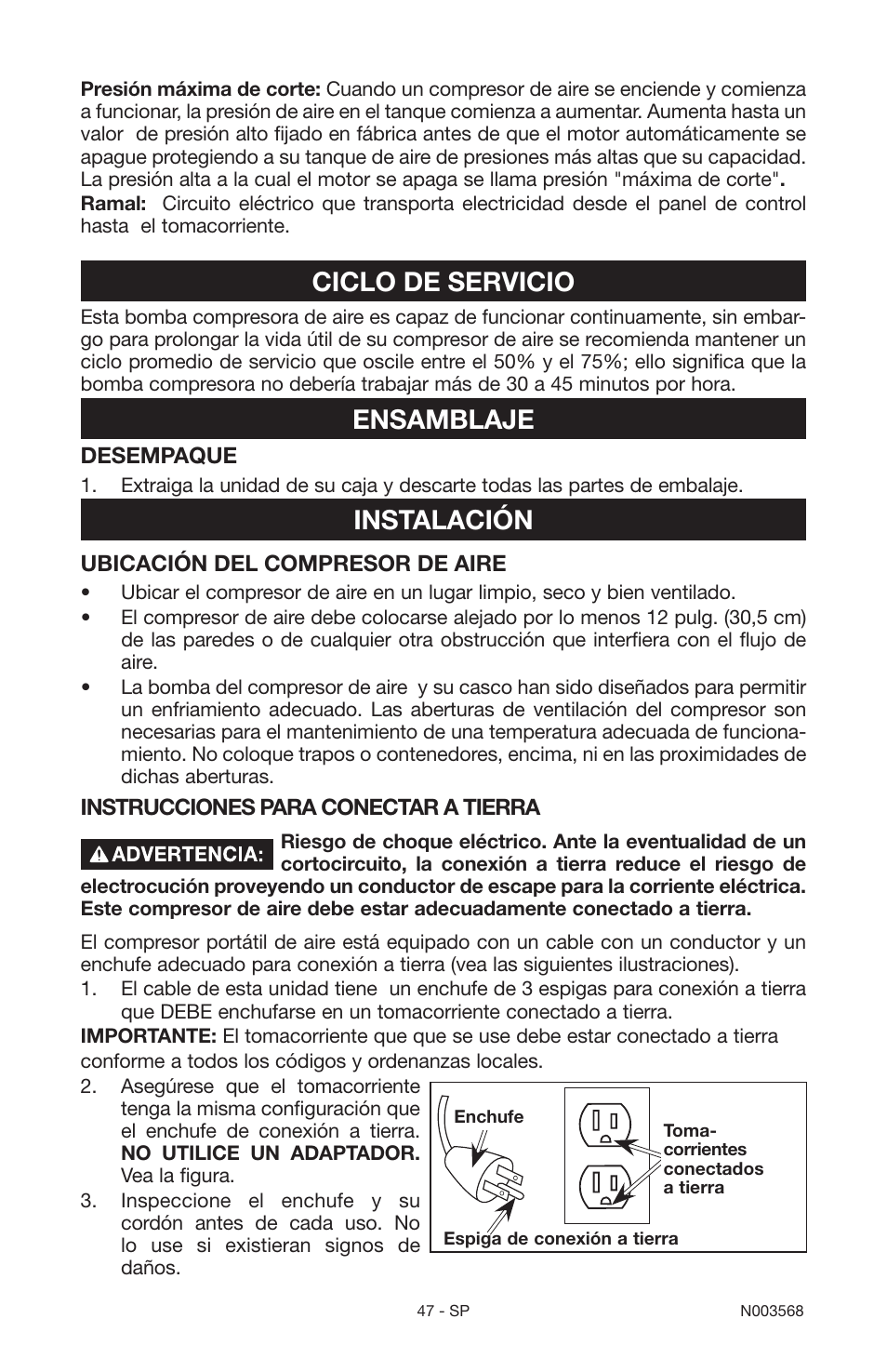 Ciclo de servicio, Ensamblaje, Instalación | Porter-Cable N003568 User Manual | Page 47 / 64