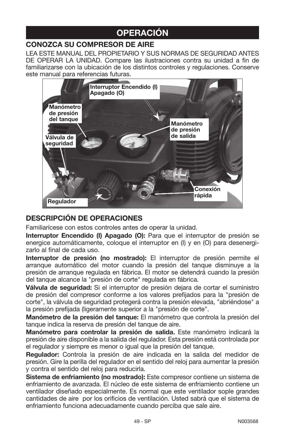Operación, Conozca su compresor de aire, Descripción de operaciones | Porter-Cable N003568 User Manual | Page 49 / 64