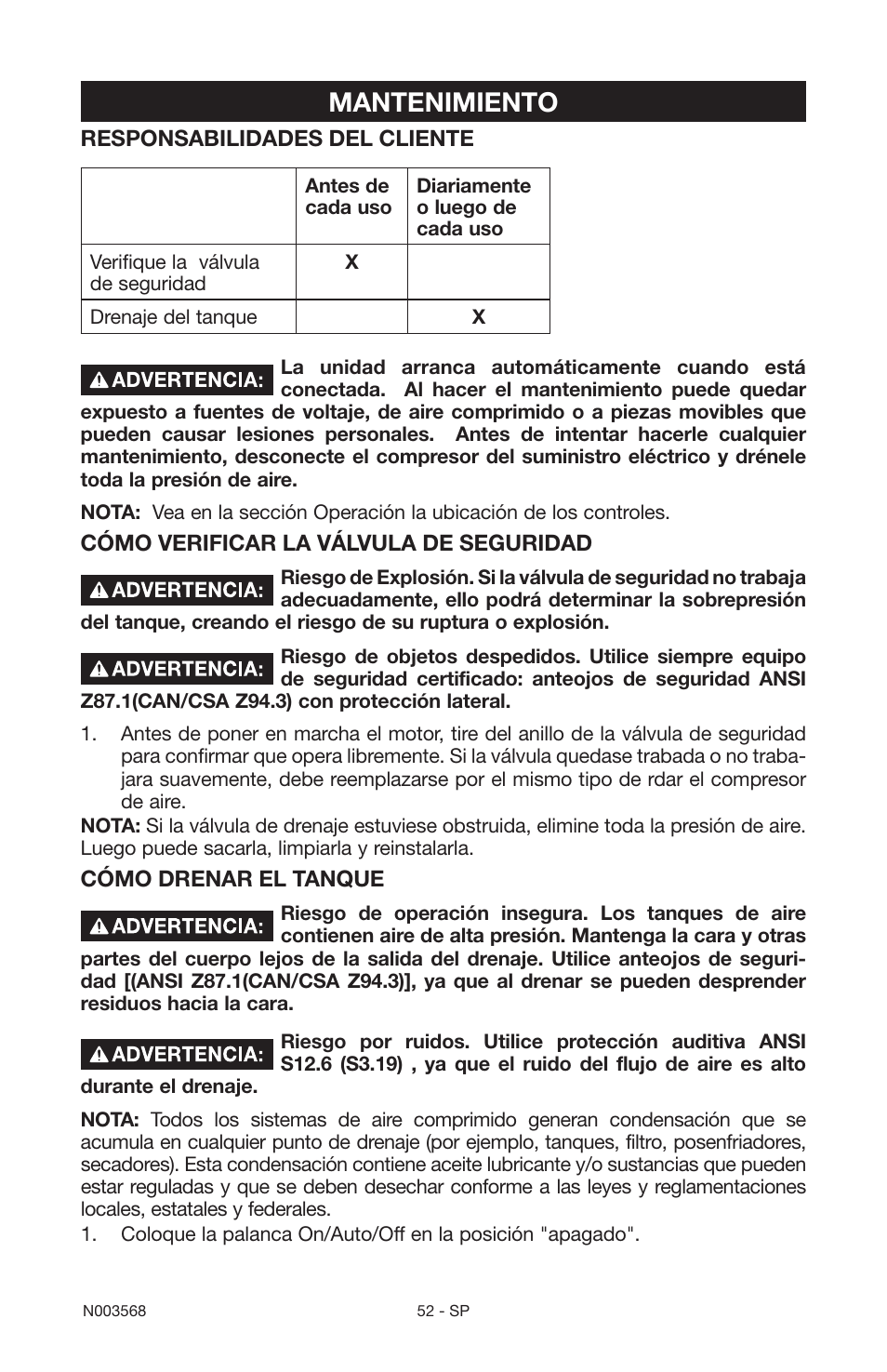 Mantenimiento | Porter-Cable N003568 User Manual | Page 52 / 64