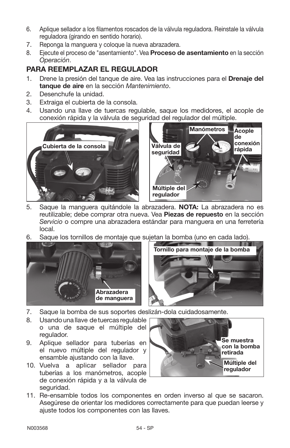 Para reemplazar el regulador | Porter-Cable N003568 User Manual | Page 54 / 64