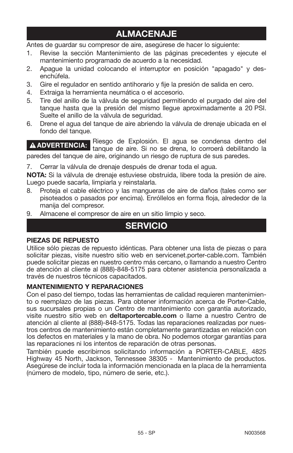 Almacenaje, Servicio | Porter-Cable N003568 User Manual | Page 55 / 64