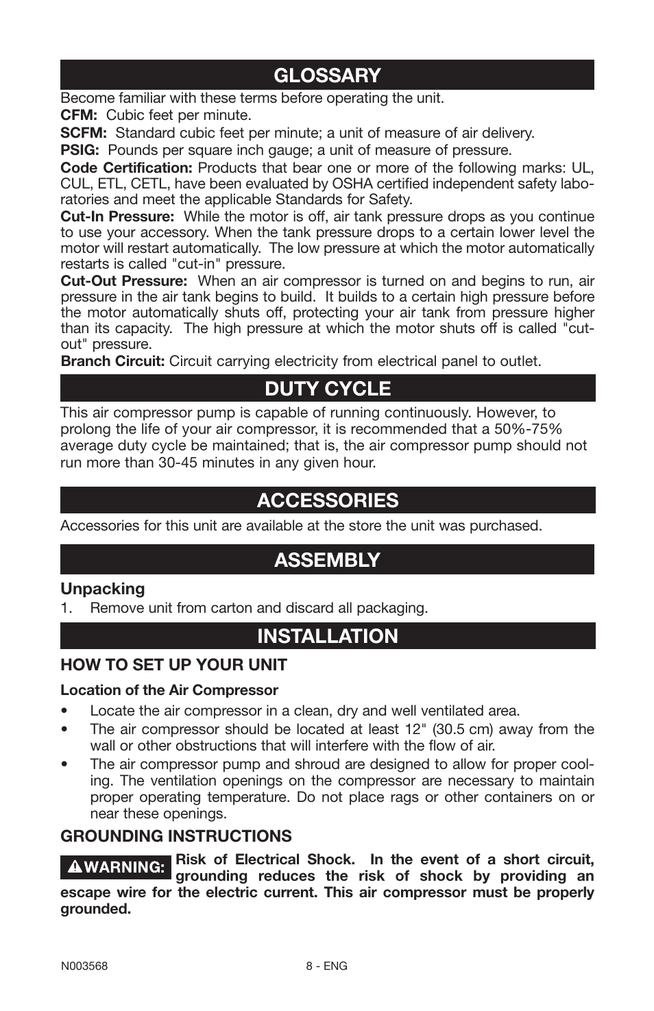 Glossary, Duty cycle, Accessories | Assembly, Installation | Porter-Cable N003568 User Manual | Page 8 / 64