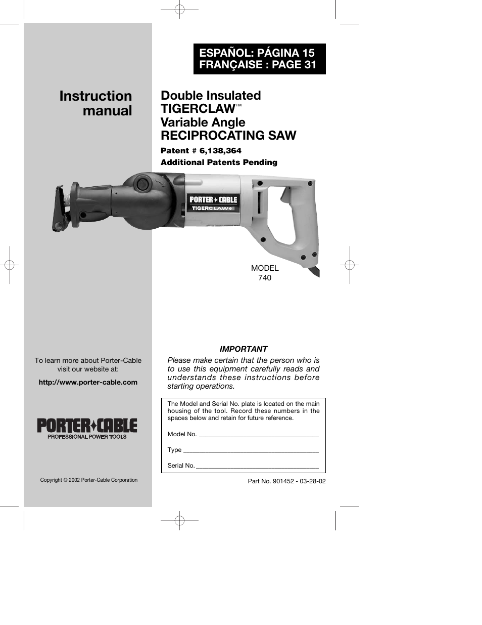 Porter-Cable TIGERCLAW 740 User Manual | 15 pages