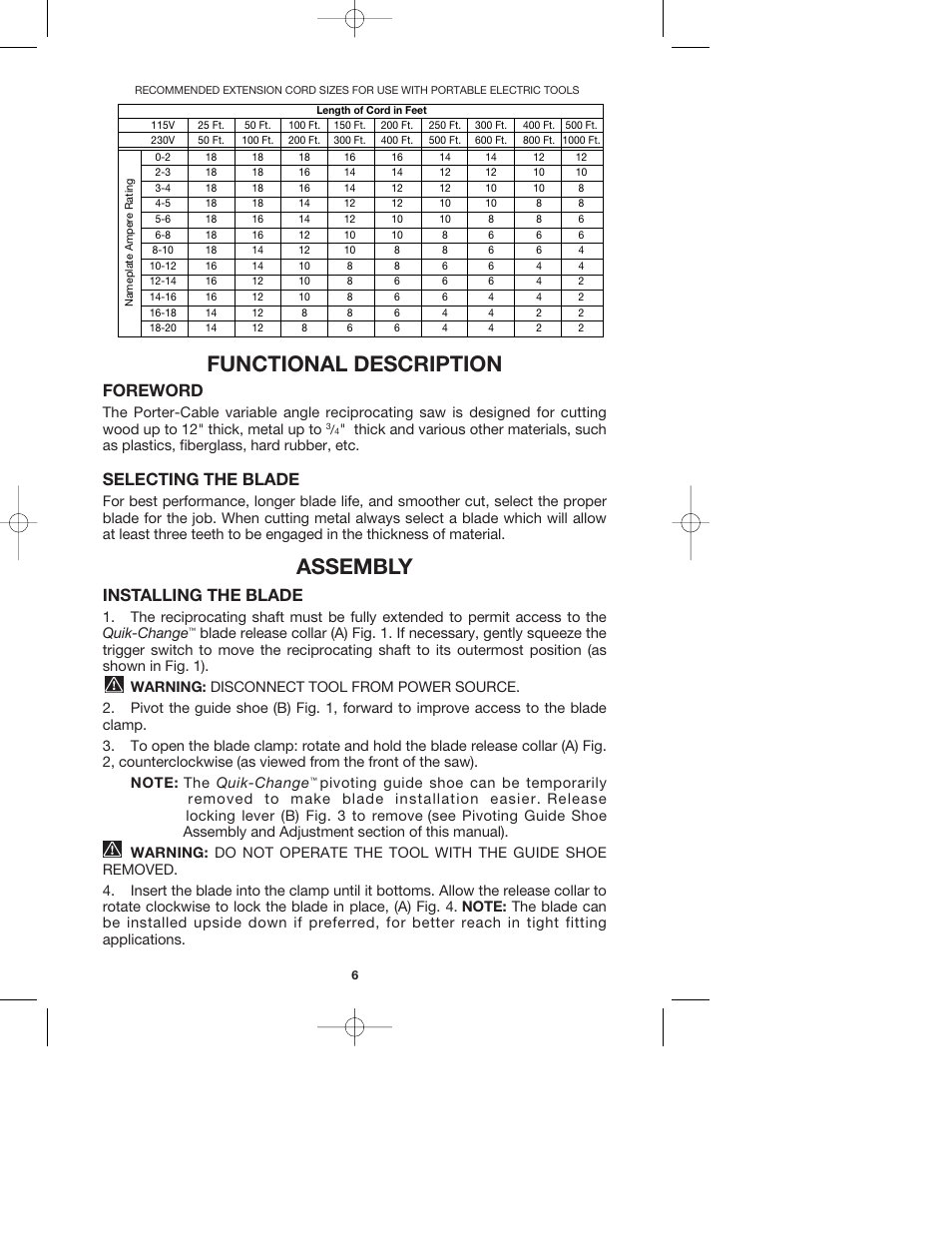 Functional description, Assembly, Foreword | Selecting the blade, Installing the blade | Porter-Cable TIGERCLAW 740 User Manual | Page 6 / 15