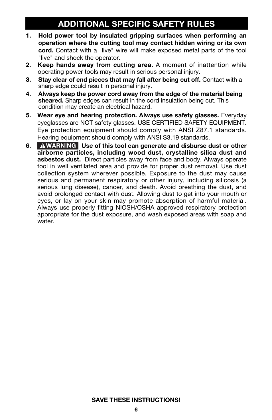 Additional specific safety rules | Porter-Cable 6603 User Manual | Page 6 / 15