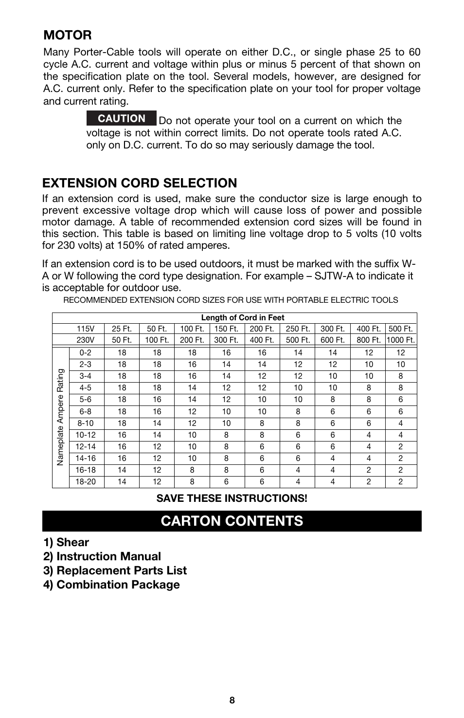 Carton contents, Extension cord selection, Motor | Save these instructions | Porter-Cable 6603 User Manual | Page 8 / 15