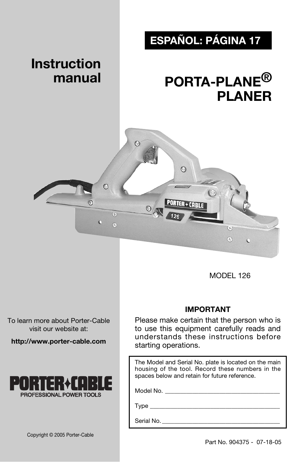 Porter-Cable 126 User Manual | 16 pages