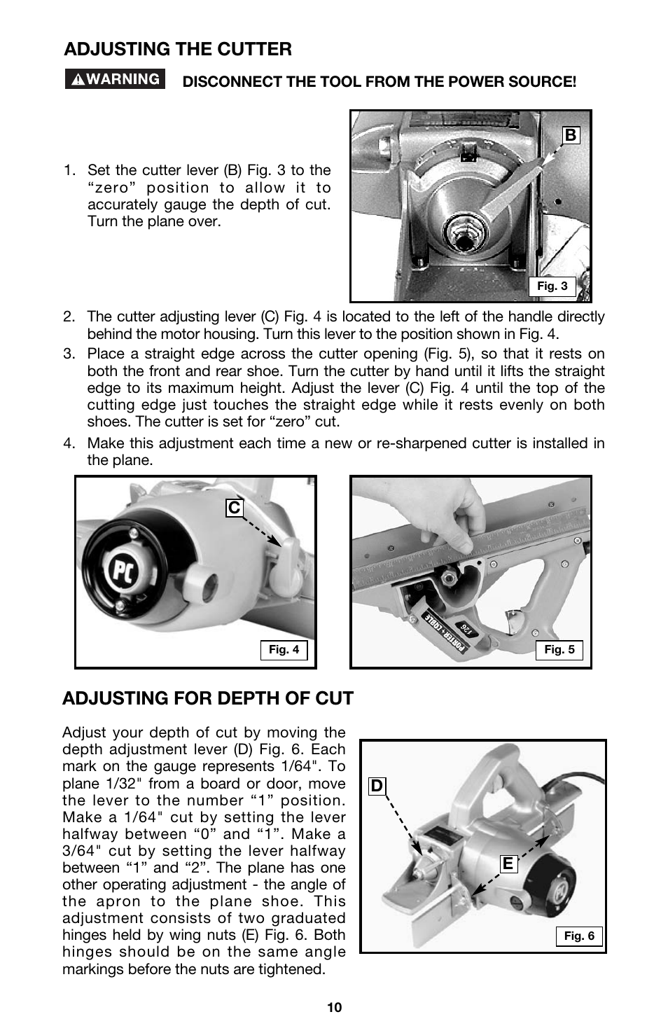 Adjusting the cutter, Adjusting for depth of cut | Porter-Cable 126 User Manual | Page 10 / 16