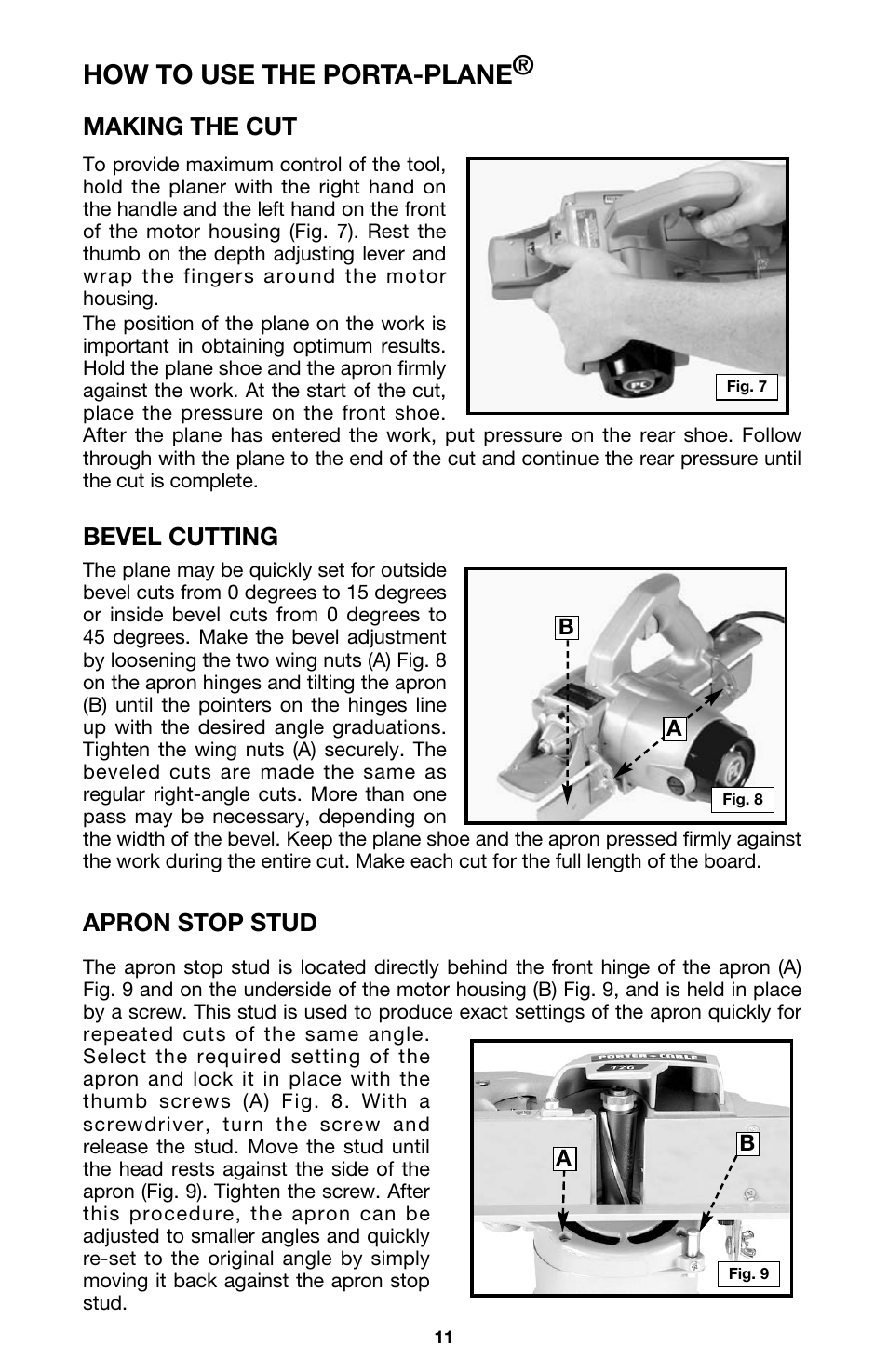 How to use the porta-plane, Making the cut, Bevel cutting | Apron stop stud | Porter-Cable 126 User Manual | Page 11 / 16