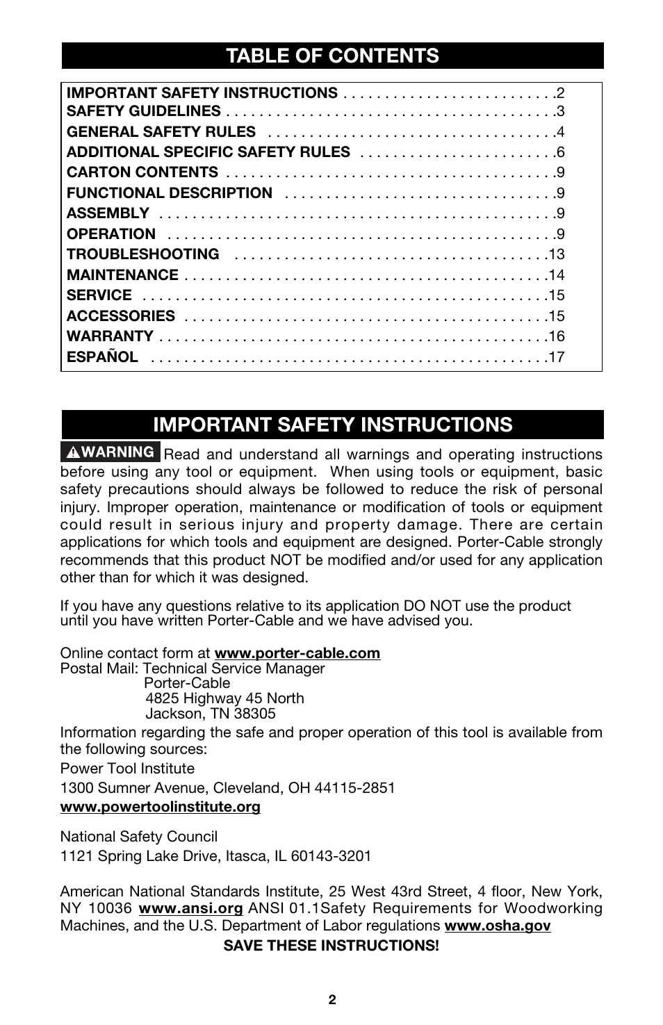 Table of contents important safety instructions | Porter-Cable 126 User Manual | Page 2 / 16