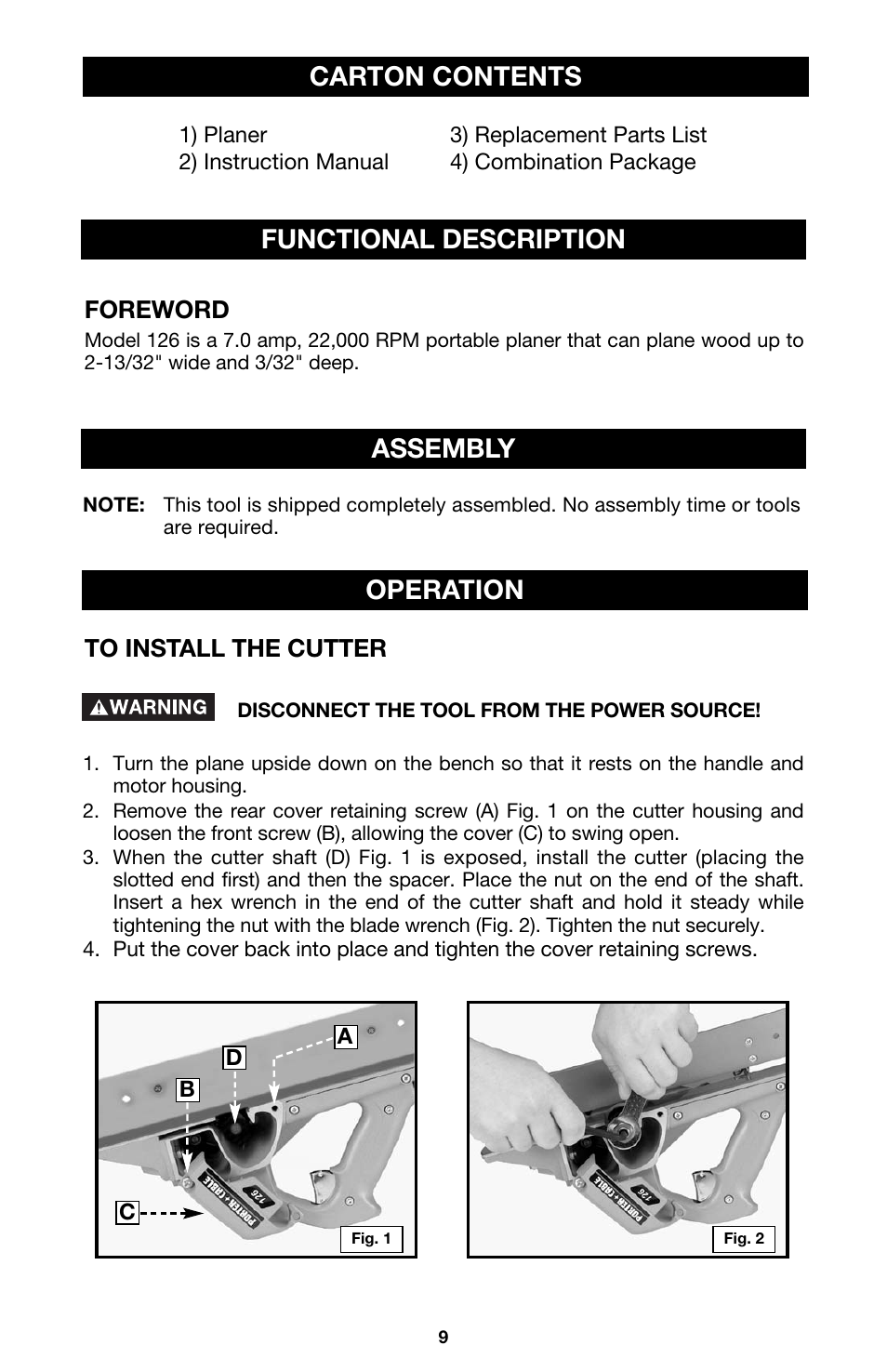 Functional description assembly carton contents, Operation | Porter-Cable 126 User Manual | Page 9 / 16