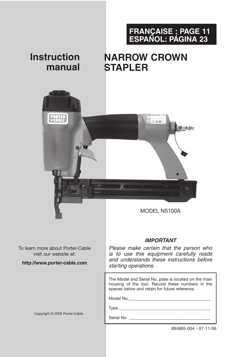 Porter-Cable NS100A User Manual | 37 pages