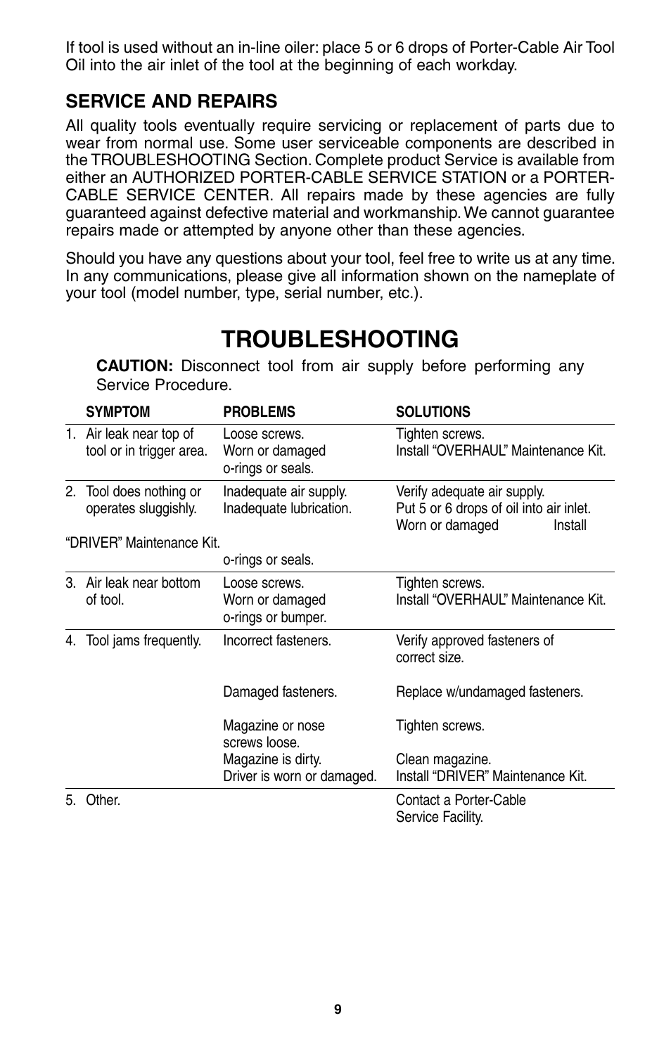 Troubleshooting, Service and repairs | Porter-Cable NS100A User Manual | Page 10 / 37