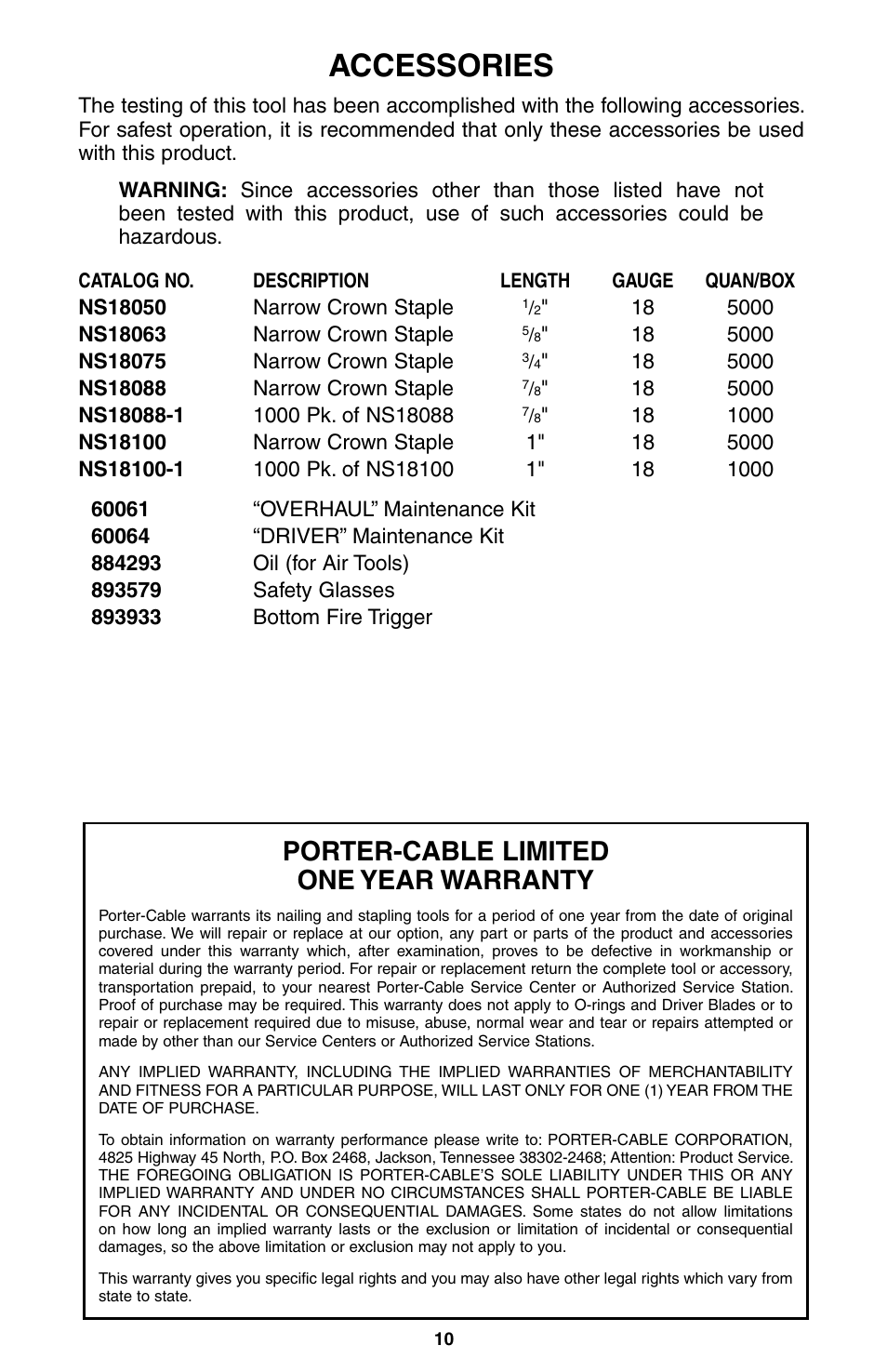 Accessories, Porter-cable limited one year warranty | Porter-Cable NS100A User Manual | Page 11 / 37