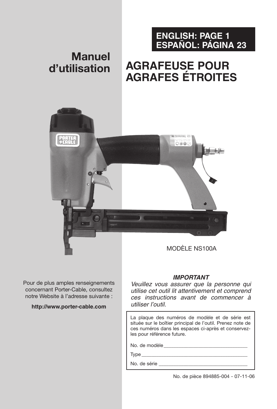 Agrafeuse pour agrafes étroites, Manuel d’utilisation, English: page 1 español: página 23 | Porter-Cable NS100A User Manual | Page 12 / 37