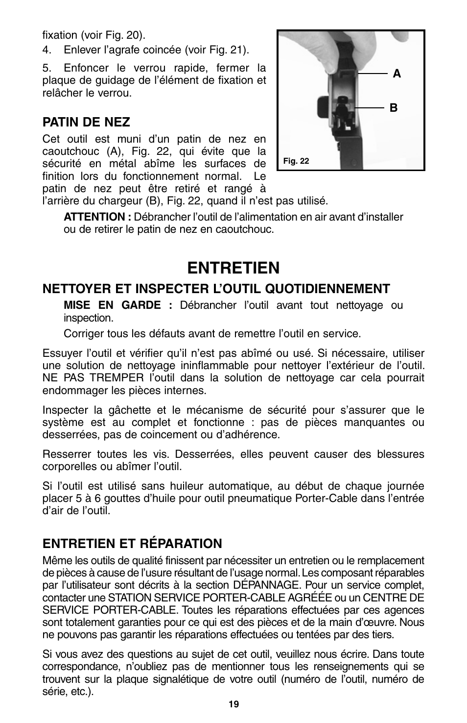 Entretien | Porter-Cable NS100A User Manual | Page 20 / 37